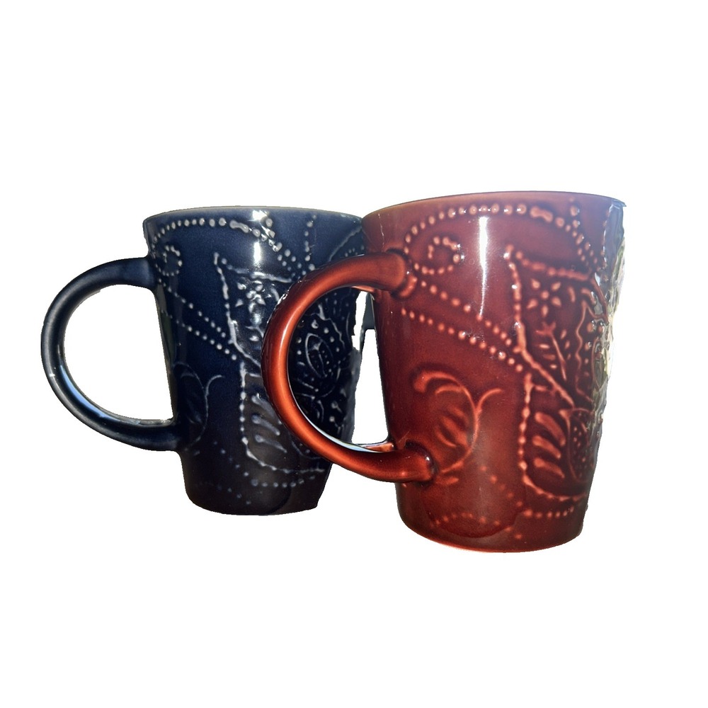 Home Essentials And Beyond Coffee Mug Set Blue And Brown Leaf Design (2)Pcs.